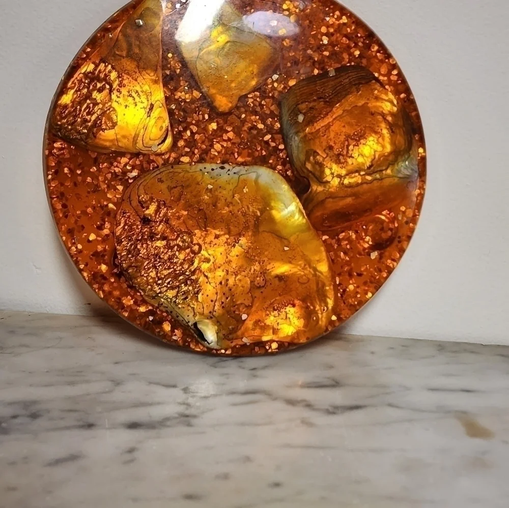 VINTAGE Orange Lucite Trivet Abalone Shell Hot Plate Pacific Ocean Shells 6.5